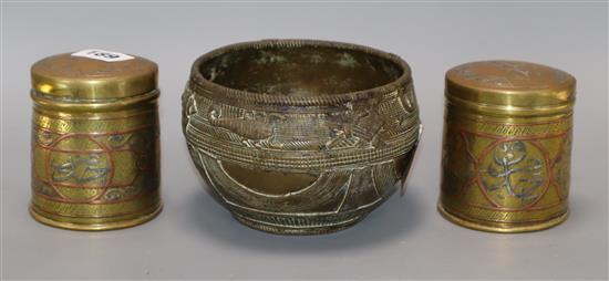 Two Cairo ware canisters and a Benin style bowl